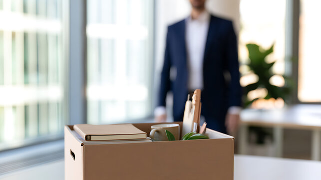 Unemployed businessman pack personal belongings in a cardboard box after termination dismissal layoff career change office work lifestyle scene