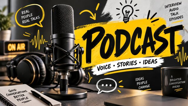 studio microphone with headphones and notebook podcast interview audio