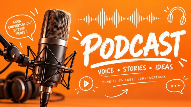 Studio microphone with podcast lettering audio content production
