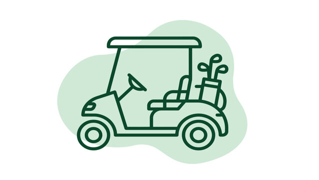 Golf cart with clubs in green vector line art illustration with soft abstract shapes