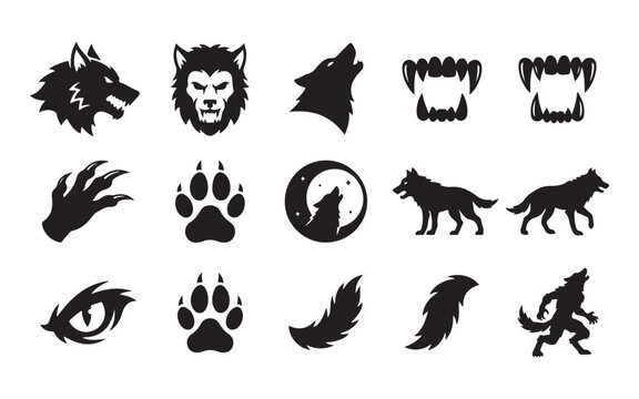 Howling werewolf and wolf silhouette icons including fangs moon and animal claw marks for branding.