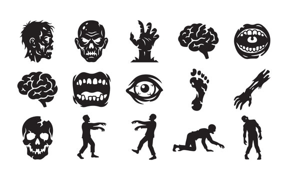 Zombie silhouette graphics featuring undead heads brains limbs and walking corpse poses for horror.