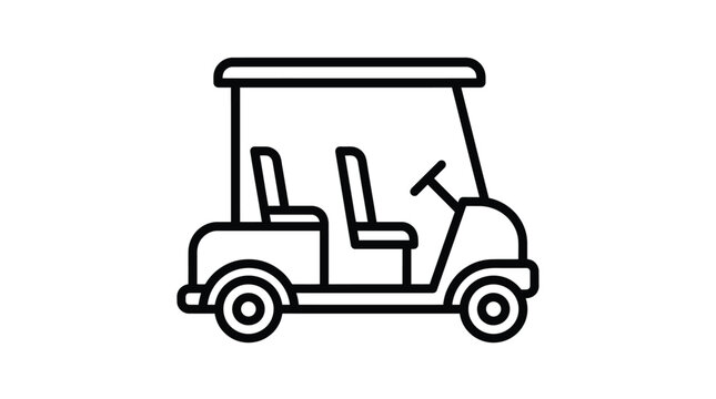 Minimalist black outline vector icon of a classic golf cart with seating and steering wheel