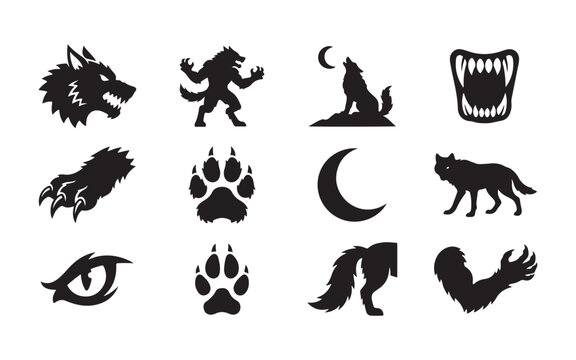 Graphic collection of dark werewolf elements like snarling faces claw marks full body and full moon.