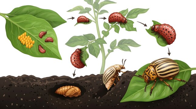 Colorado potato beetle life cycle infographic diagram showing Leptinotarsa decemlineata metamorphosis on potato plant vector illustration.
