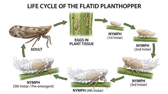 Flatid planthopper life cycle infographic diagram showing eggs in plant tissue nymph and adult development stages vector illustration.