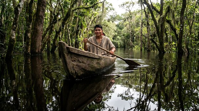 Indigenous man paddles traditional canoe through flooded Amazon rainforest reflecting lush green trees and mossy branches