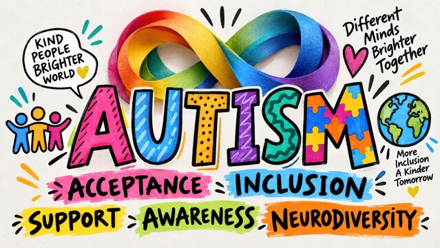 Autism awareness lettering with infinity ribbon and puzzle pieces
