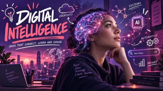 Woman thinking with glowing brain artificial intelligence systems