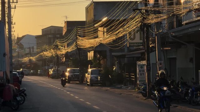 City street with tangled power lines at sunrise in Chiang Mai