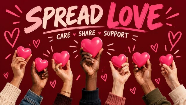Diverse hands holding hearts community care share support