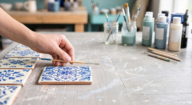 Hand painting cobalt blue decorative pattern on terracotta ceramic tiles. Artist working at a studio table with paintbrushes and bottles. Craft and pottery workshop