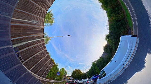 Car Roof Mounted Camera Unique and Ultra Wide Angle Footage of British Road Travel and Traffic. During Travel Car Was Passing Through Most of Cities Streets, Landscapes and Highways of England, UK