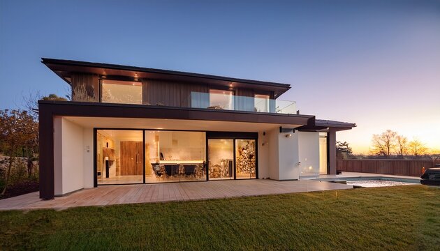 elegant modern house extension with open bi fold doors revealing a cozy interior at dusk perfect for architectural design luxury living and home renovation concepts