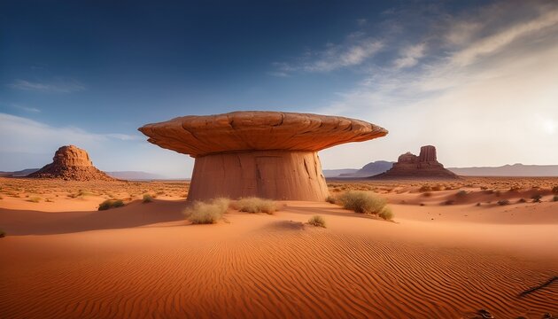futuristic desert monolith product plaza featuring soft atmospheric panoramic composition