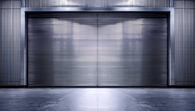 roller door or roller shutter inside factory warehouse or industrial building modern interior design with polished concrete floor and empty space for product display or industry background