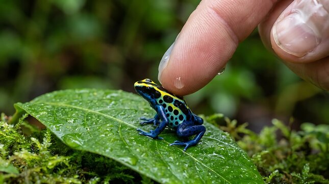 Vibrant Blue Poison Dart Frog Perched on Wet Leaf in Amazon Rainforest, Gentle Human Touch
