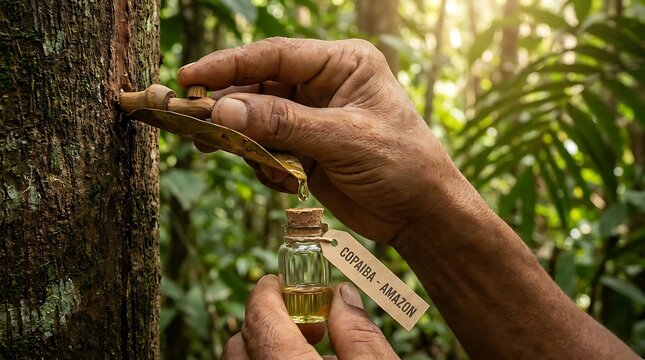 Amazonian hands collect precious copal resin from a tree trunk for traditional medicine and bioeconomy in Brazil