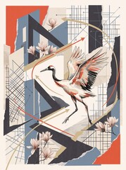 Obraz premium Crane with raised wings among magnolia flowers, geometric paper layers and directional arrows. AI generative 