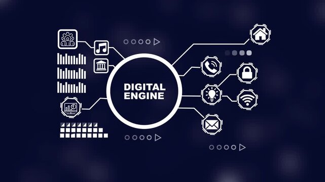 Digital engine infographic hud interface with connected network icons and data flow animation