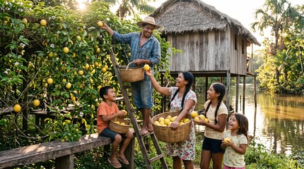 Fototapeta premium Amazonian family happily harvesting passion fruits near river in traditional stilt house, showcasing sustainable agroforestry and rural lifestyle
