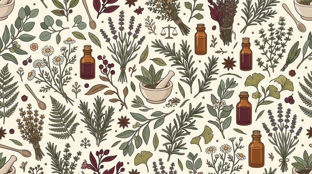 Botanical Pharmacy Seamless Pattern with Medicinal Herbs Essential Oil Bottles Mortar Pestle and Dried Flowers