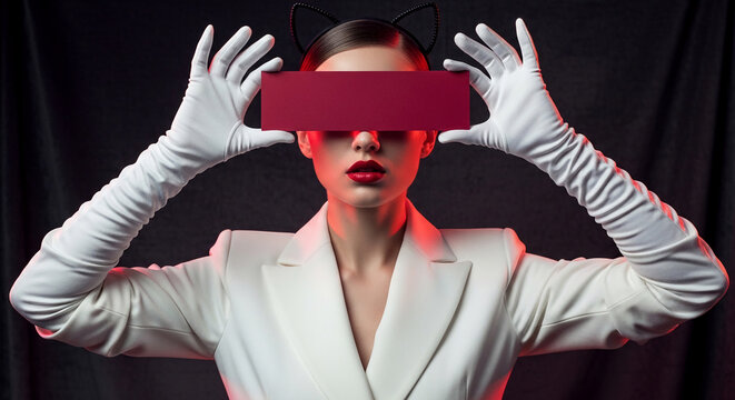 Woman in white gloves and suit, holding red card to cover face, wearing cat ears, implying mystery and allure