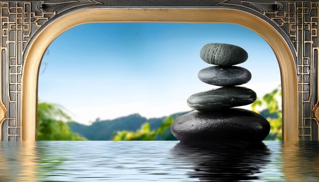 zen water and stone product stage background with architectural frame with right copy space