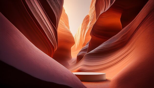 velvet canyon folds with luminous mineral podium m cinematic low angle panoramic composition