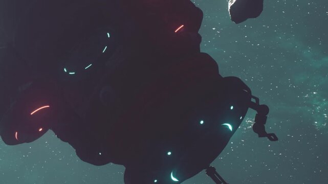 A large dark object floats in space against a starry backdrop. Glowing lights of various colors illuminate parts of the object, creating a striking contrast in the galaxy.