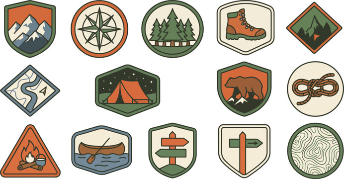 Hiking Adventure Badge Set with Mountain Compass and Bear