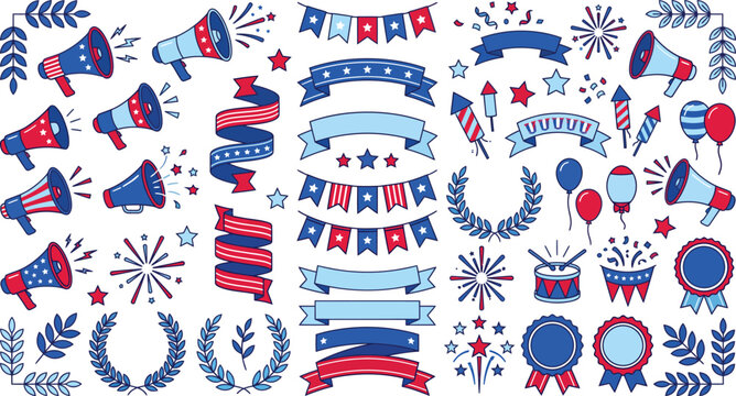 Patriotic Icon Set with Megaphone Banner Firework and Balloon
