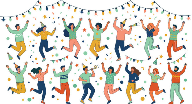 People Jumping and Celebrating at Party with Confetti and Lights