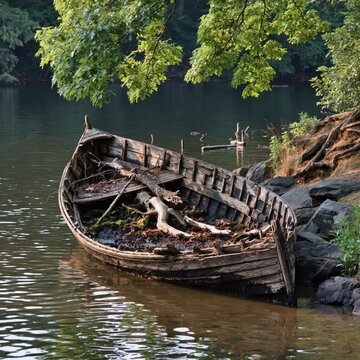 An old abandoned wooden boat filled with branches and debris rests partially submerged by the rocky shoreline under lush green tree branches at a peaceful lake