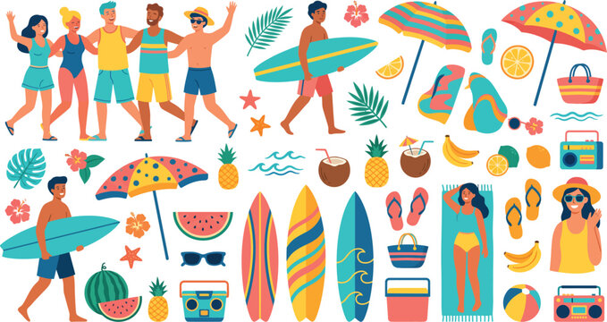 Summer Beach Icon Set with Surfboard Umbrella and People