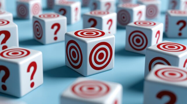 White cubes with red target symbols and question marks scattered on a blue surface representing uncertainty and focus in decision making or strategic planning c