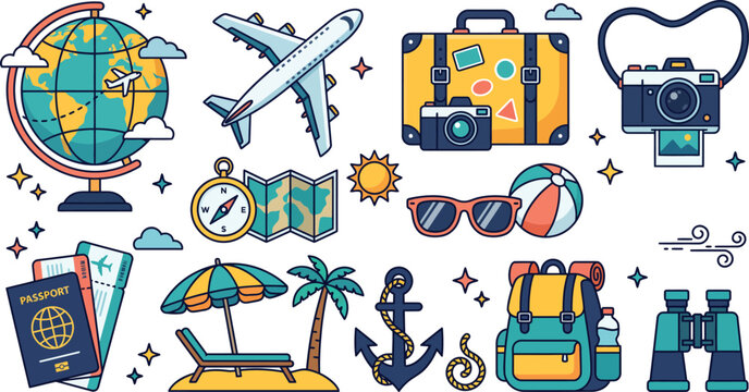 Travel Vacation Icon Set with Globe Airplane and Suitcase
