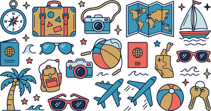 Travel Vacation Icon Set with Suitcase Camera Map and Airplane