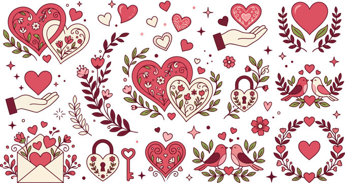 Valentine Heart Icon Set with Love Birds Envelope and Lock