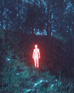 Glowing Red Figure Standing in Dark Forest at Night