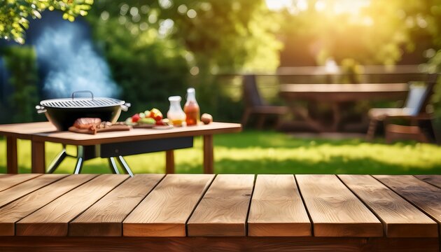summer time in backyard with wooden table grill bbq and blurred background