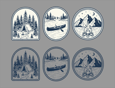 Vintage Camping Badge Set with Tent Canoe and Campfire