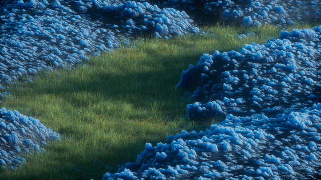 Blue Crystalline Terrain and Green Grass Landscape