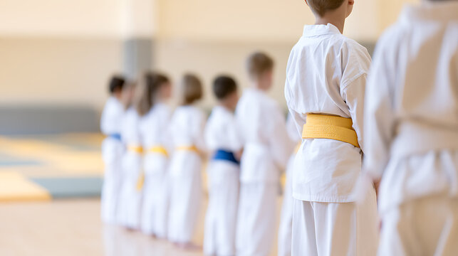 Children in white uniform with colorful belt stand in line inside martial arts dojo during karate class practice session focus on youth