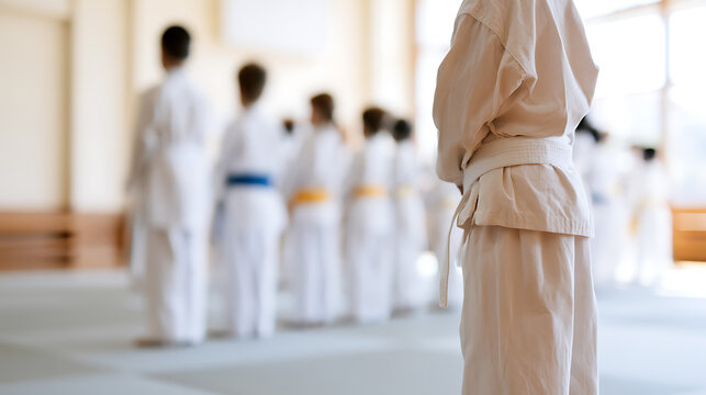 Group of children line up in a martial arts dojo wearing traditional white gi uniform and different colored belts to practice self defense