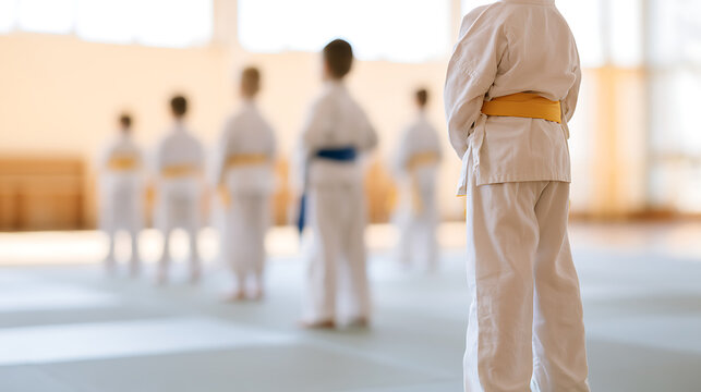 Group of young children in white uniform stand in a line on a mat inside a martial arts studio during a karate class with a focus