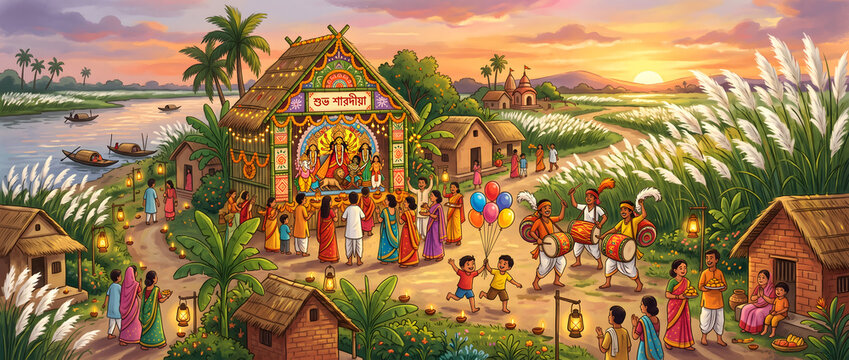 Durga puja festival celebration in a traditional indian village during sunset