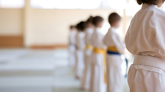 A line of children in white martial arts uniforms with various colored belts standing in a bright gym during a self defense training class