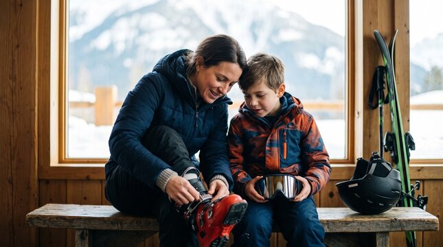Parent helping a child fasten ski boots in a mountain lodge before skiing, family ski vacation and winter sports preparation at a snowy alpine resort