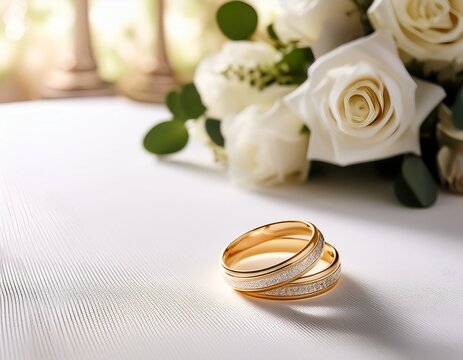 gold ring on white table on wedding backgound with copy space